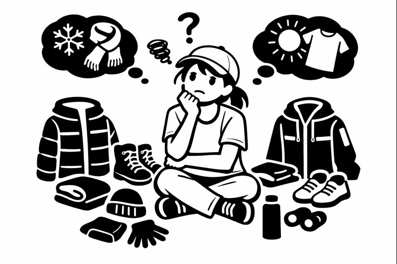アウトドアの服装選びで迷っている初心者の人物を表した白黒ピクトグラム